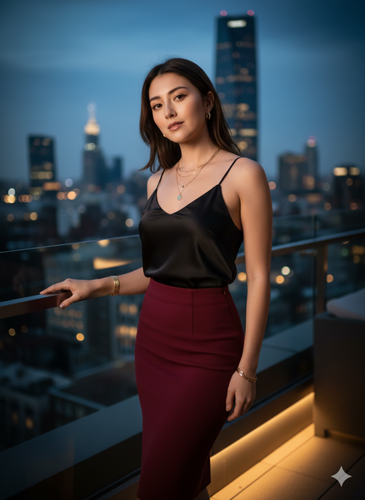 showing a girl in a sleek black satin camisole