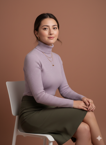 showing a girl wearing a soft lilac turtleneck