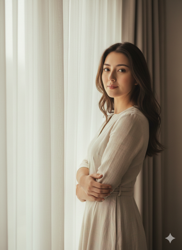 showing a light beige linen dress with subtle pastel undertones girl
