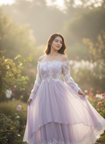 showing a pastel lavender off-shoulder chiffon dress girl