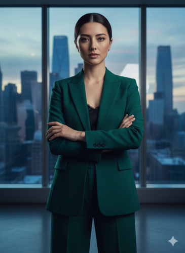 showing a structured deep emerald green pantsuit girl
