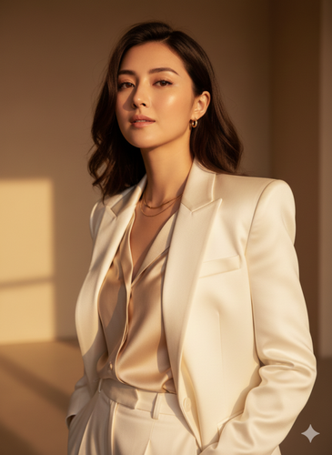 showing a tailored ivory silk blazer with sharp shoulders girl