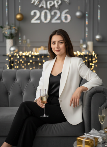 showing a white tailored blazer  lady with satin lapels