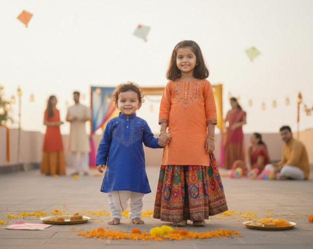 Siblings Celebrating Makar Sankranti Outdoors