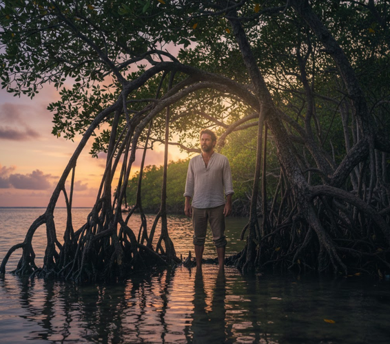 Silent Portrait of a Man Mangrove Lined Coast