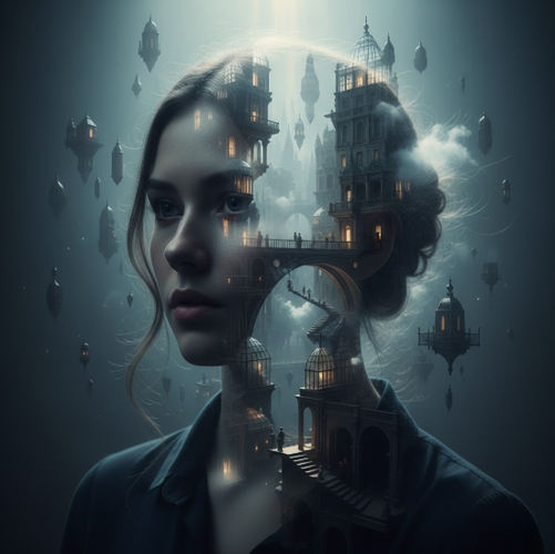 Silhouette Woman with Floating Surreal Architecture