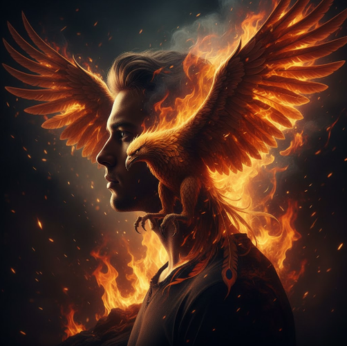 Silhouetted Man Merging with Fiery Phoenix