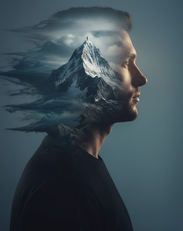 Silhouetted Man Merging with Mountain Peak