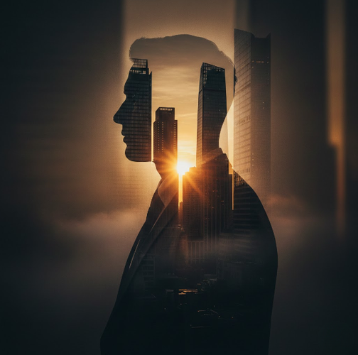 Silhouetted Man with Glowing City Skyline