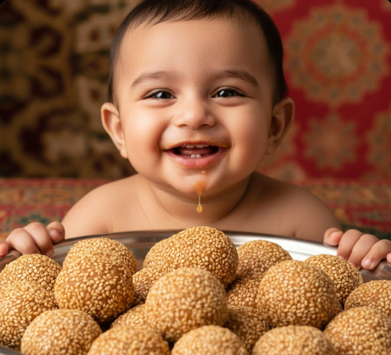 Smiling Baby with Jaggery in Thali
