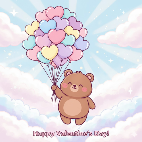 Smiling bear with heart balloons