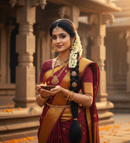 South Indian woman in maroon silk saree