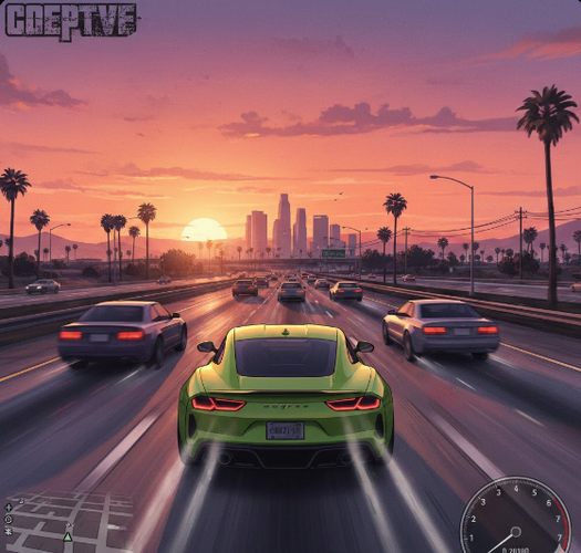 Sports car speeding at sunset