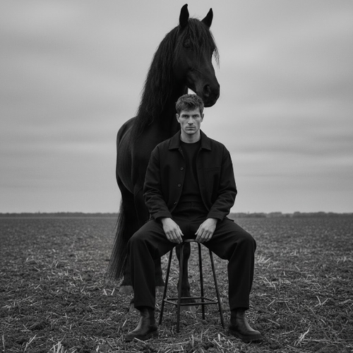 Stylish Man Seated Before Black Horse