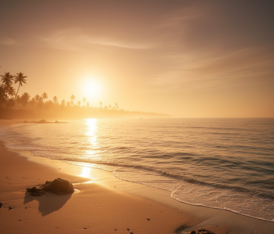 Sunlit beach at golden hour