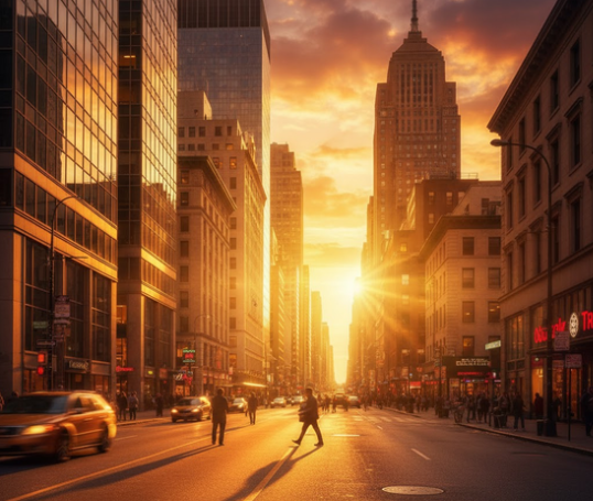 Sunlit city street at dusk