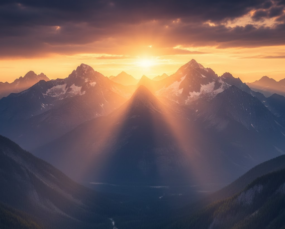 Sunlit mountain peaks at golden hour