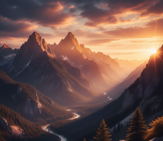 Sunlit mountain peaks at sunset