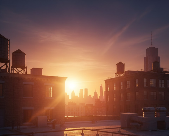 Sunlit urban rooftop at dusk