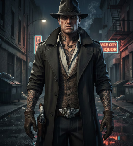 Tattooed character in noir GTA style
