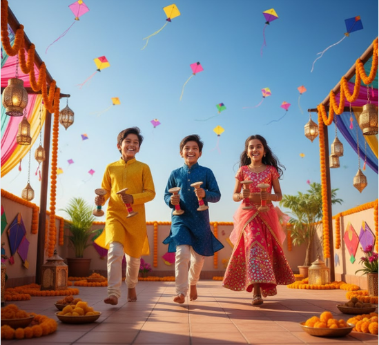 Three Kids Flying Kites on Rooftop