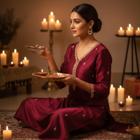 Traditional silk Kurti with embroidery near candlelight