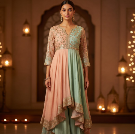 Traditional zari embroidered pastel Kurti with modern cuts