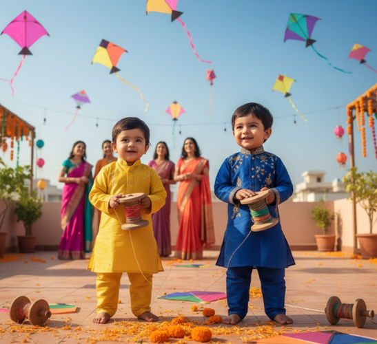 Two Boys Flying Kites on Rooftop