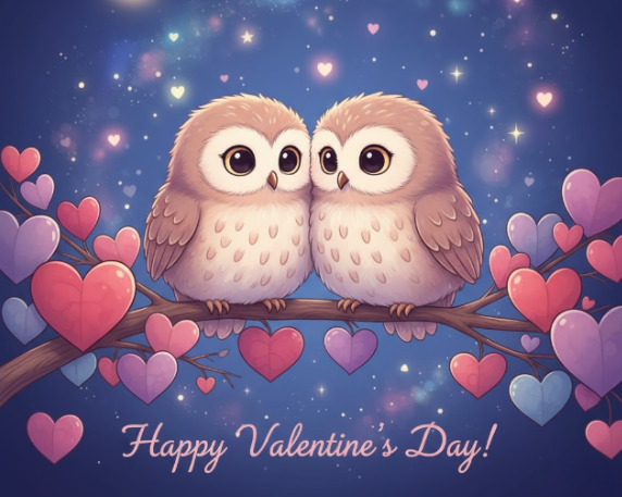 Two owls on a leafy branch