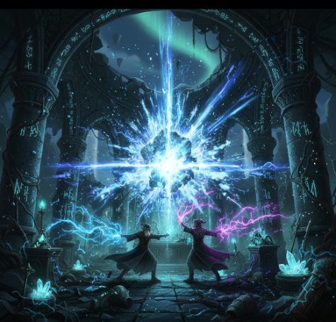 Two wizards dueling in ruined castle