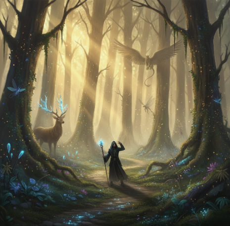Wizard walking through foggy mystical forest