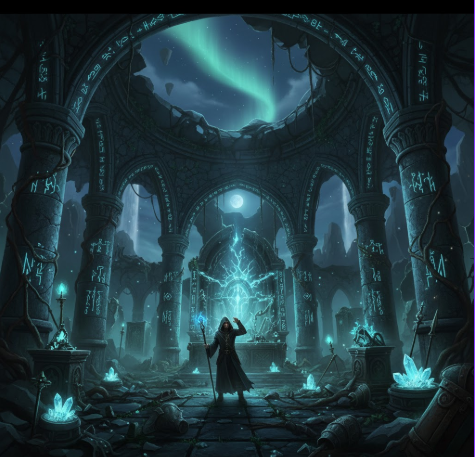 Wizarding city at sunset Ruined magical temple exploration