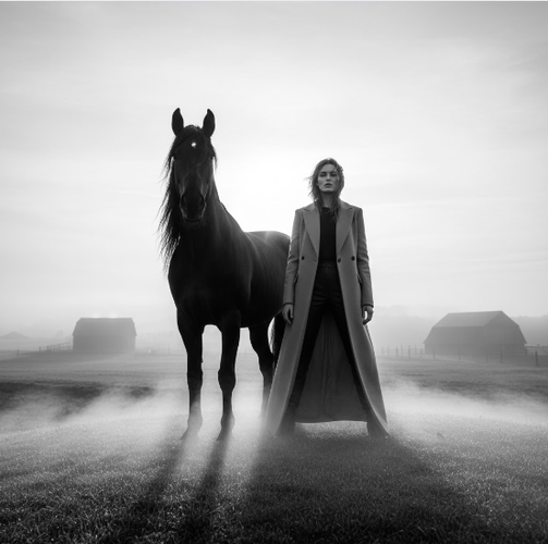 Woman and Horse in Misty Sunrise