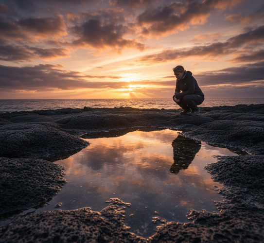 Woman Crouching Near Scattered Rock Pools
