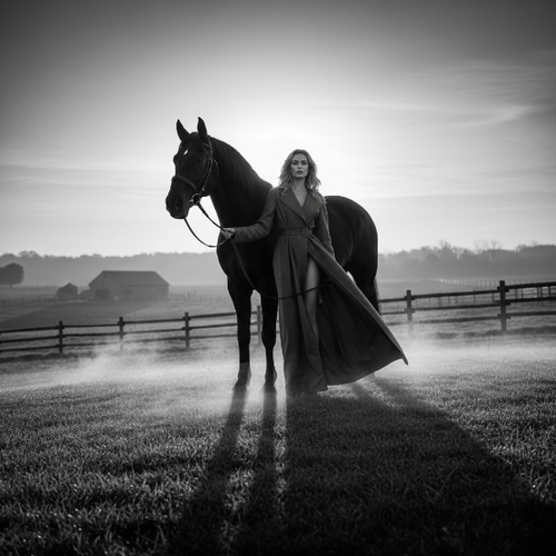 Woman Holding Horse Reins at Sunrise