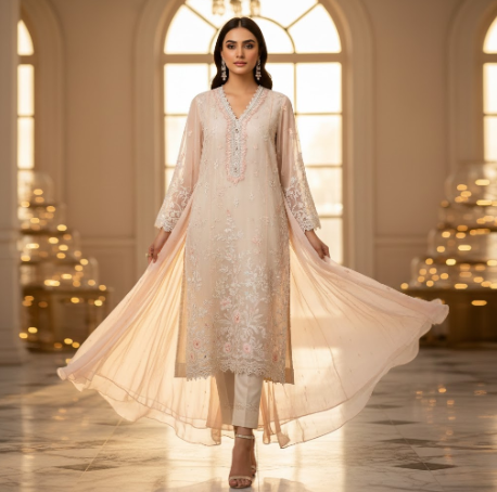 Woman in embroidered chiffon kurti