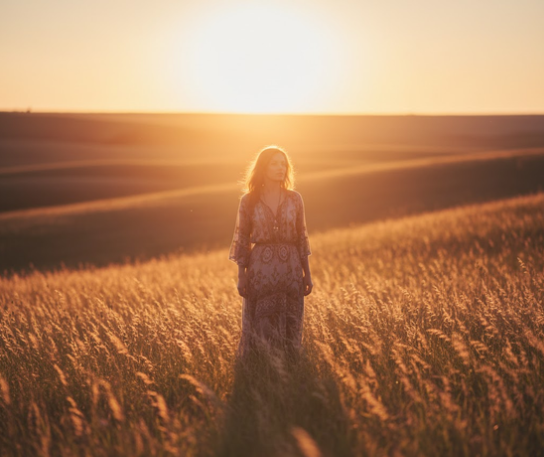 Woman in golden hour meadow