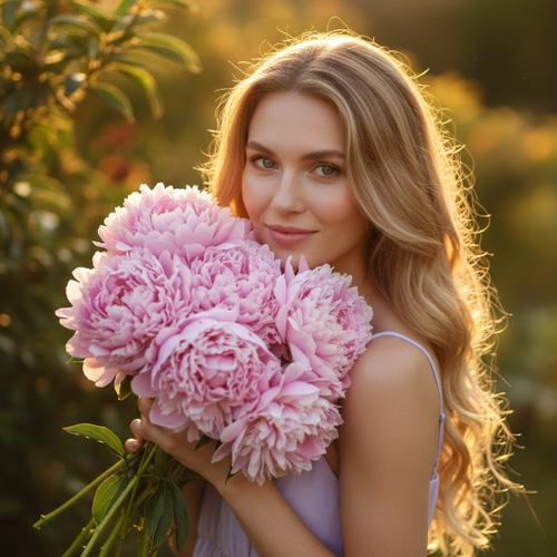 Woman Smiling with Pink Peonies in Sunlight