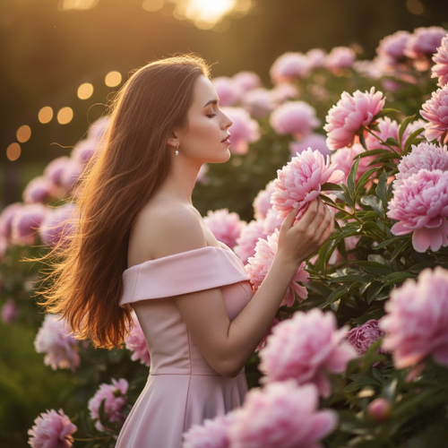 Woman Touching Peony in Pink Dress