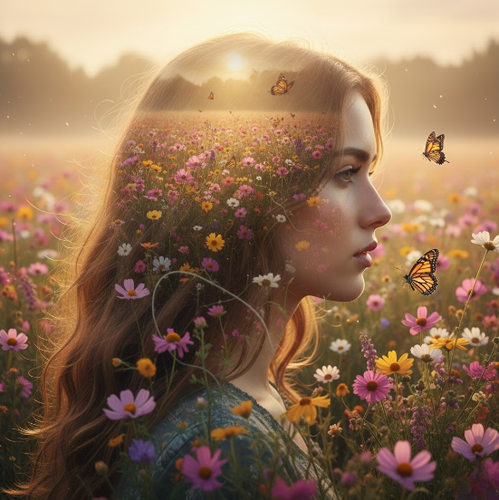 Woman's Profile Blending into Blooming Meadow