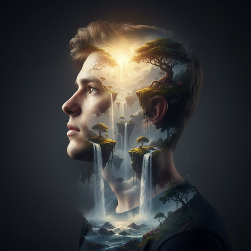 Young Man Merging with Floating Islands