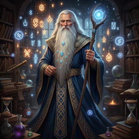Young wizard in magical library