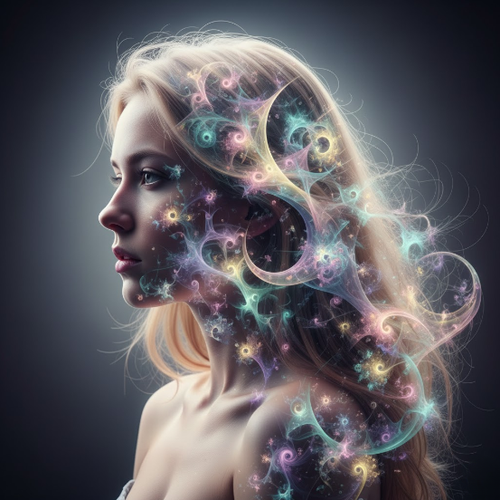 Young Woman Blending with Glowing Fractal Patterns