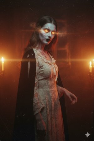 1970er Retro-Horror-Porträt einer besessenen Frau