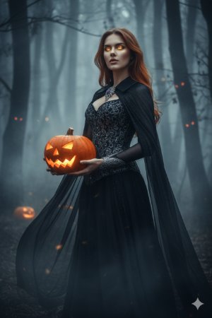 Eine Hexe in einem verfluchten Wald hält einen leuchtenden Kürbis