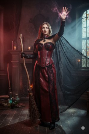 Eine Frau als Hexe in gotischem Kostüm