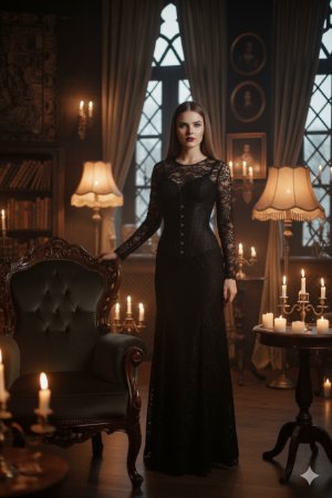 Eine Frau in schwarzem Spitzenkleid steht in einem gotischen Wohnzimmer mit Kerzen
