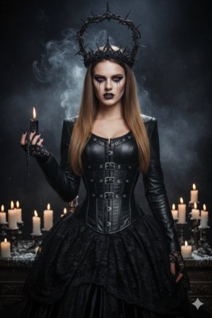 AI Bild Gothic-Queen umgeben von flackernden Kerzen und Rauch