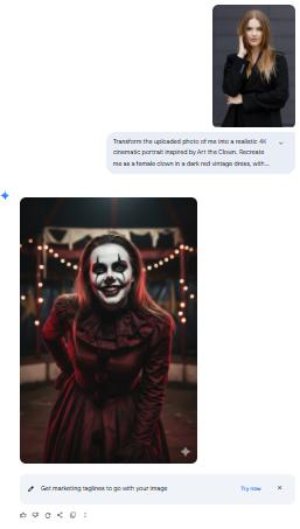 AI Porträt inspiriert von einem weiblichen Clown in dunkelrotem Vintage-Kleid