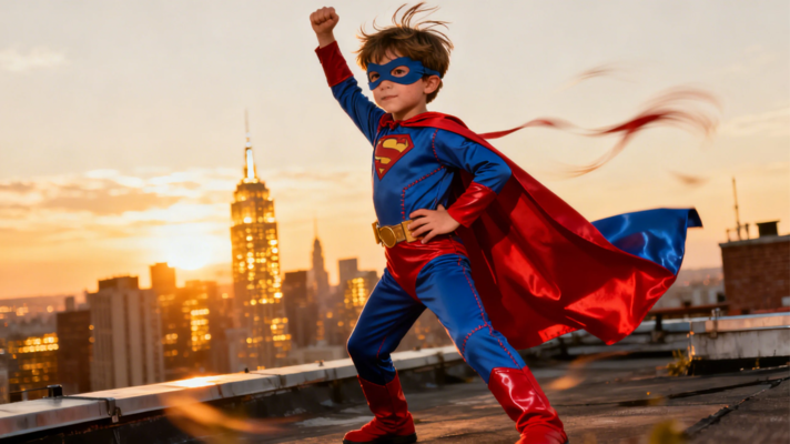 Boy dressed in superhero costume